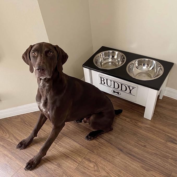 Elevated Dog Bowls for Large Dogs, Personalized Food Stand for Large Breed | Farmhouse Style, Elevated Wood Stand, Storage Container, Stainless Steel Bowls, Raised Anti-Slip Feeder, Made in USA