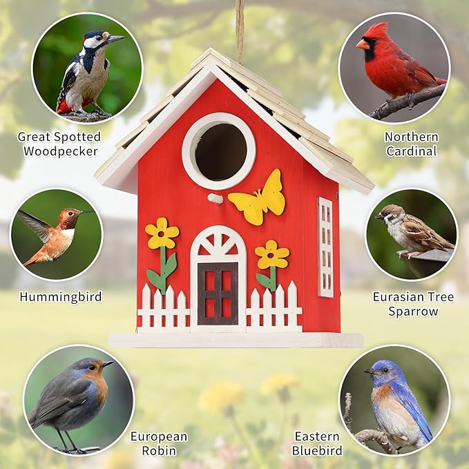 Wooden Bird Houses Bird House for Outside,Red Wood Bird House for Outdoors, Nesting Box with Sturdy Rope, Haing Bird Houses for Garden Blue Bird Hummingbird Wren Cardinal Swallow Sparrow Finch