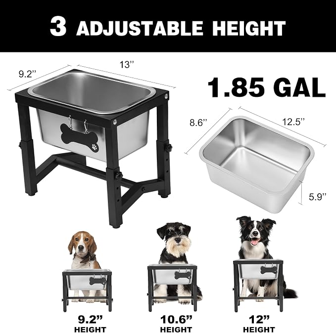 Metal Elevated Dog Bowls – 3 Adjustable Heights (9.2"-12") with 1.85GAL Stainless Bowl, Elevated Dog Bowls Medium/Large Breed, Elevated Dog Water Bowl, Neck & Joint Protection