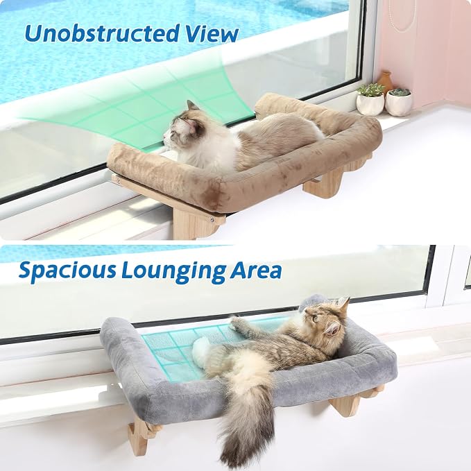 Zakkart Cat Perch for Window Sill with Bolster - Orthopedic Hammock Design with Premium Hardwood & Robust Metal Frame - Cat Window Seat for Large Cats - Natural Color Wood Gray Bed, 26.4''W