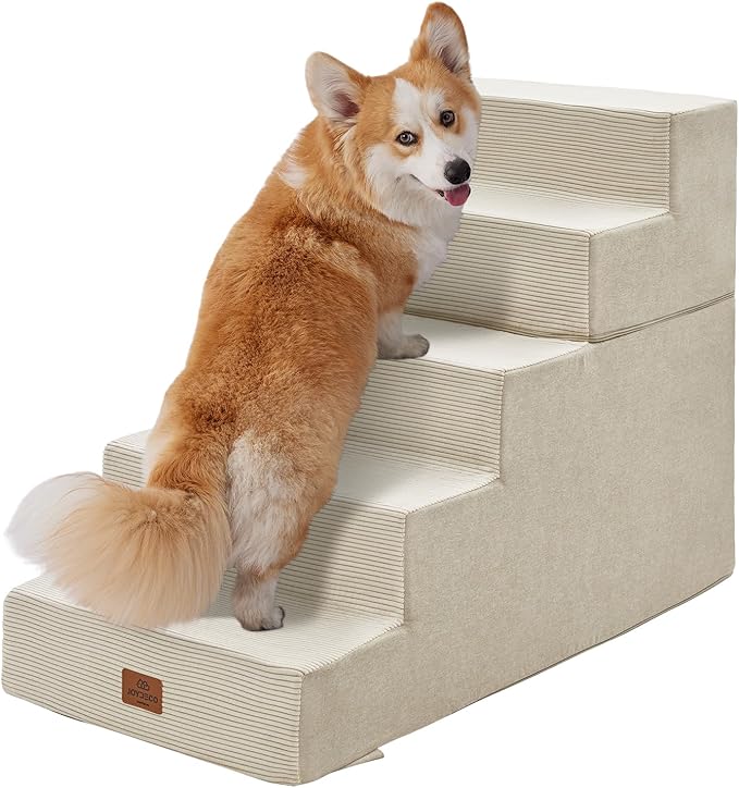 Joydeco Dog Stairs for Bed 25" H, 5-Step Pet Steps for Small Dogs and Cats, Dog Steps for High Bed, Non-Slip Balanced Ramp Indoor Pet Stairs, Beige