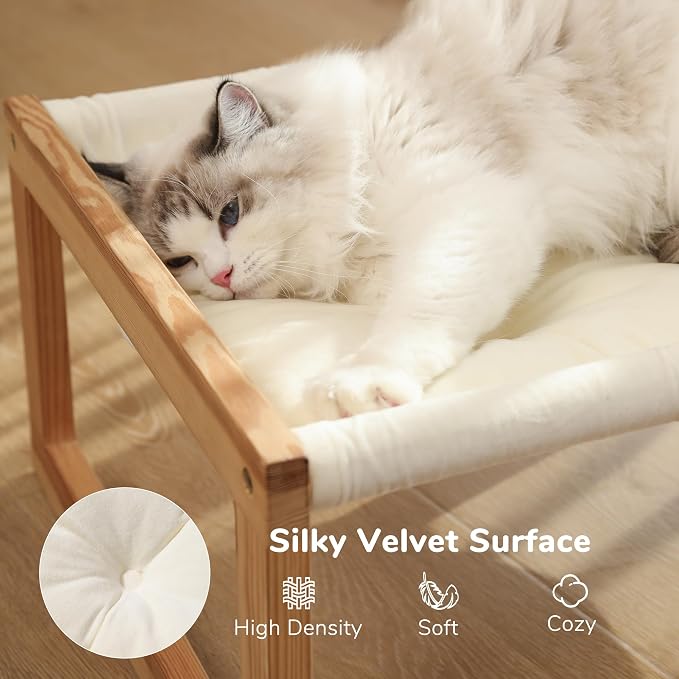 FUKUMARU Large Cat Hammock, Raised Dog Bed for Indoor and Outdoor, Washable | 21" Wooden Pet Beds, Cozy Velvet Cat Couch, Elevated Pet Sofa for Puppy, Bunny and Small Animal