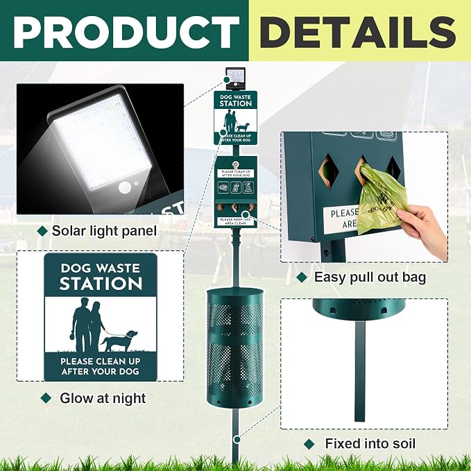 Tujoe Dog Waste Station with Solar Panels Outdoor Light Up at Night,Galvanized Steel Dog Trash Bin Dispenser,Rust Proof LED Pet Station for Commercial Park Backyard (with Trash Bin)
