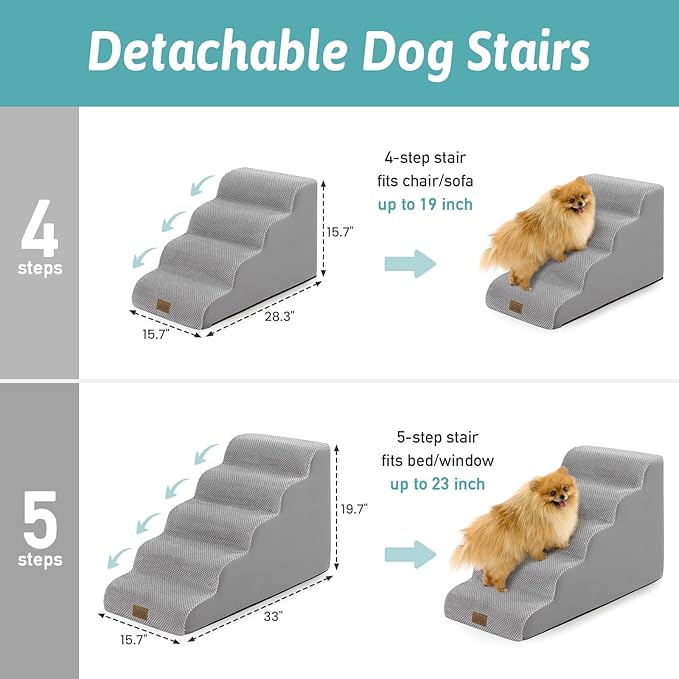 Dog Stairs for Small Dogs 19.7" H, 5-Step Sturdy Foam Dog Steps for Couch, Bed or Sofa, Curved Pet Stairs for Puppy and Older Cat, Doggie Ladder with Washable Cover, 15.7x33x19.7 inch, Gray