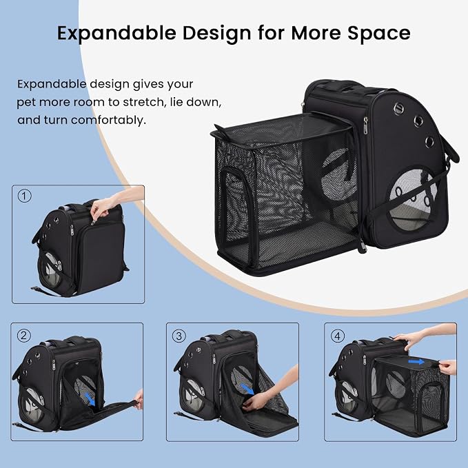 Expandable Cat Carrier Backpack, Large Space, Airline Approved, XL | Pet Carrier Backpack Up to 25 lbs, Portable Pet Travel Backpack, Ideal for Traveling/Hiking /Camping/Vet, Black