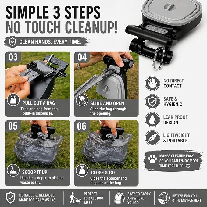 Dog Pooper Scooper with Waste Bag Dispenser – Small Size, Portable, Lightweight, One-Hand Operation, Leak-Proof, Durable Pet Waste Scooper (Grey)