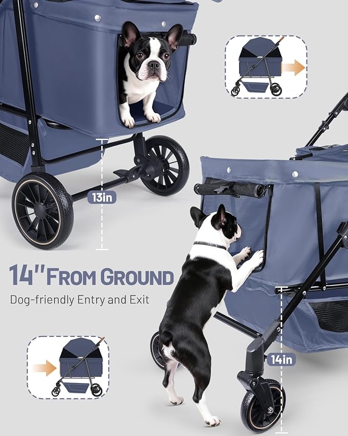 Dog Stroller for Large & Medium Dogs, Pet Stroller for 2 Small Dogs, Extra Large Heavy Duty, Foldable Design, Adjustable Handle, with Pocket, Up to 66lbs(Navy Blue)