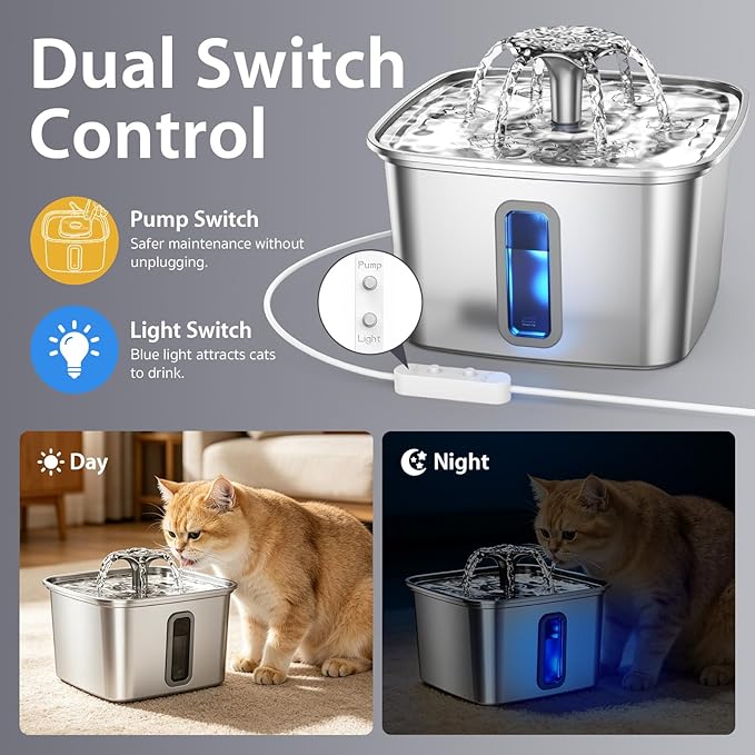 Veken Replacement Pump for 50oz, 95oz and 108oz Pet Fountain Cat Water Fountain Dog Water Dispenser Ultra Quiet Long Lifespan Water Pump, USB Cable, LED Lights