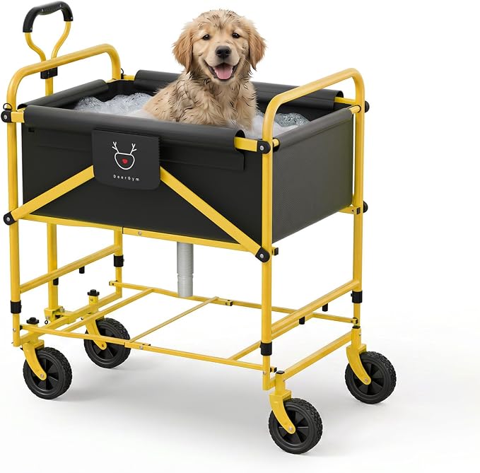 Foldable Dog Bath Cart for Dirty Outdoor Dogs,Adjustable Height pet Bath Cart for Small and Medium Dogs(5-55 lbs) and Cats,Four-Wheel Bathing Cart with Brake,No Need to Carry Your Muddy Pup Home