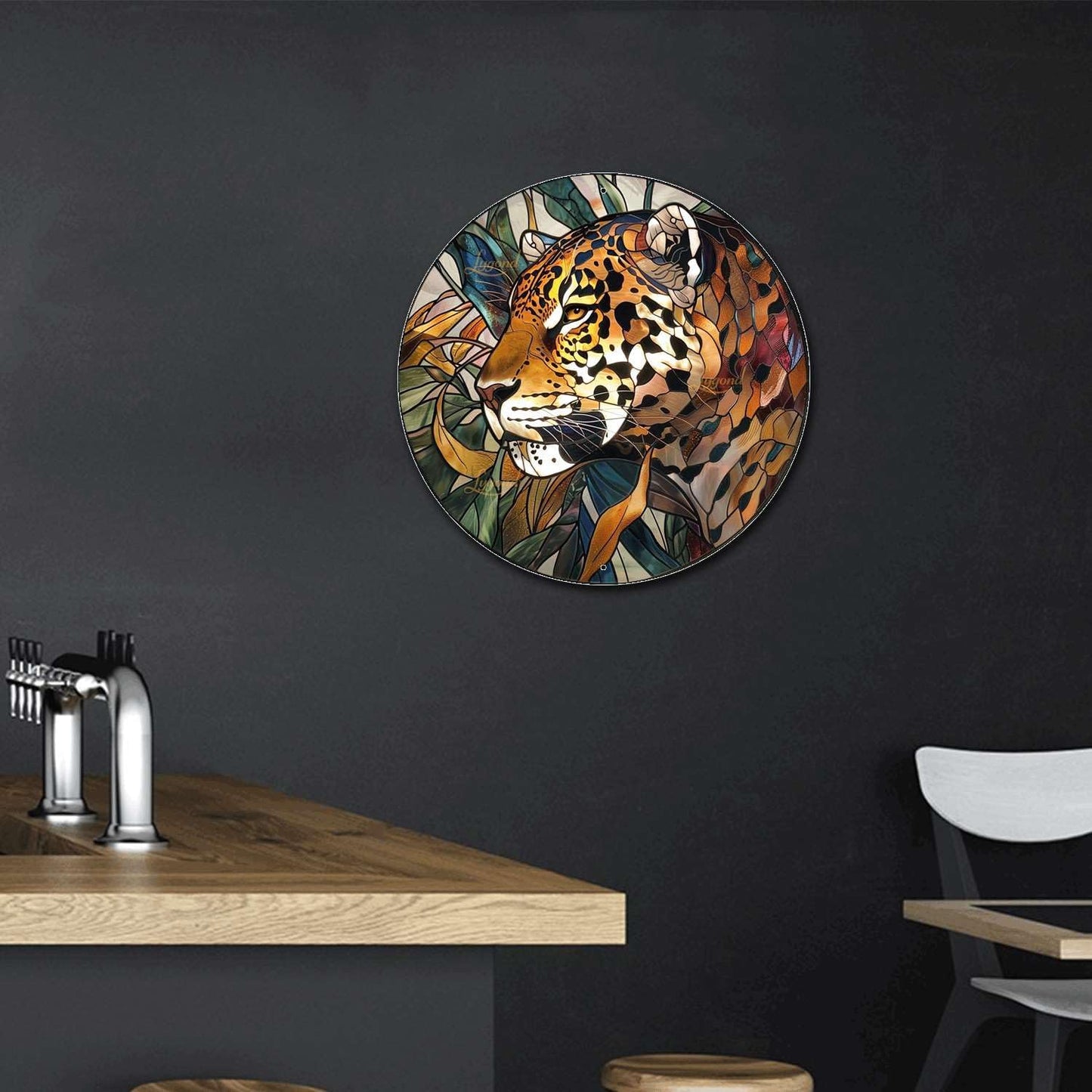 Lygond Metal Sign Tin Sign Circular Stained Glass Jaguar Boho Bedroom Decorations for Yard 12×12 Inches