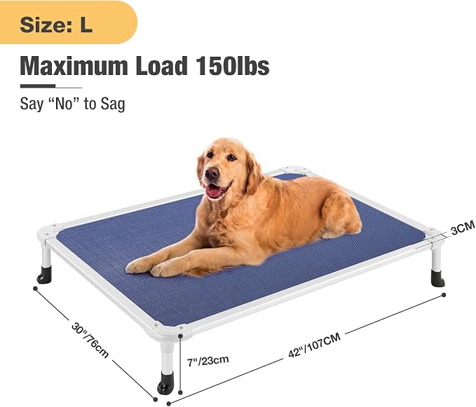 Veehoo Chew Proof Elevated Dog Bed, Cooling Raised Pet Cot, Silver Aluminum | Indestructible Dog Bed with Durable Textilene Mesh Fabric, No-Slip Feet for Indoor or Outdoor Use, 42", Large, Blue