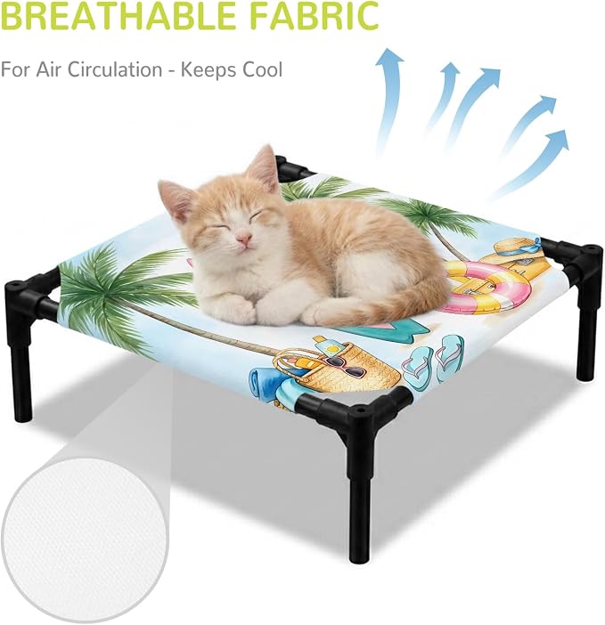 Outdoor Elevated Dog Bed for Small Dogs, Summer Beach Surfboard Breathable Cooling Raised Dog Cot for Indoor/Outdoor, Tropical Palm Tree Swimming Ring Waterproof Elevated Pet Beds, S 20 x 20 in