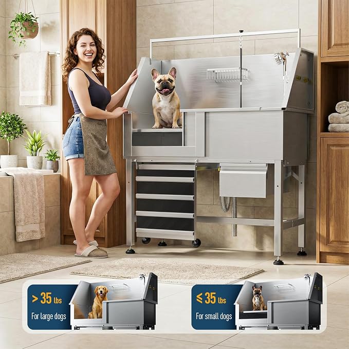 46" Dog Wash Station, 304 Stainless Steel, Side Ramp, 440 lb | Storage Drawer, pet grooming tub, hot cold faucet, fixed sprayer, shampoo dispenser, S-trap, hair filter, garage outdoor use