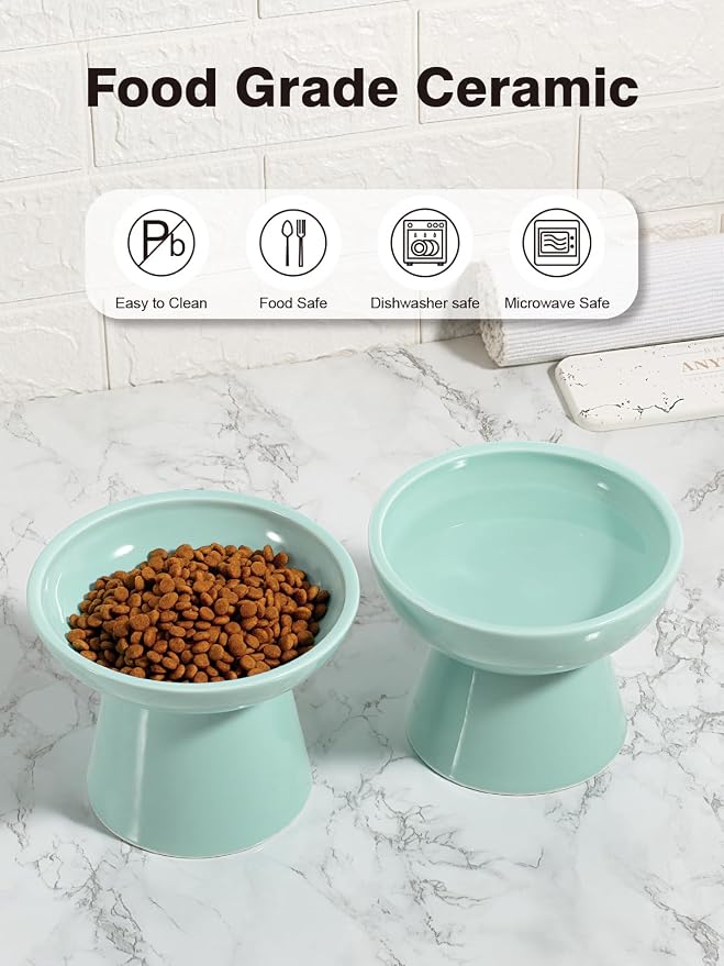 LoeJan Elevated Cat Food and Water Bowls Set, Extra Wide and Raised Ceramic Feeder, Anti-Vomit Whisker-Free Pressure Feeding Bowl for Kittens Adult Small Dogs (Blue, Food Bowl)