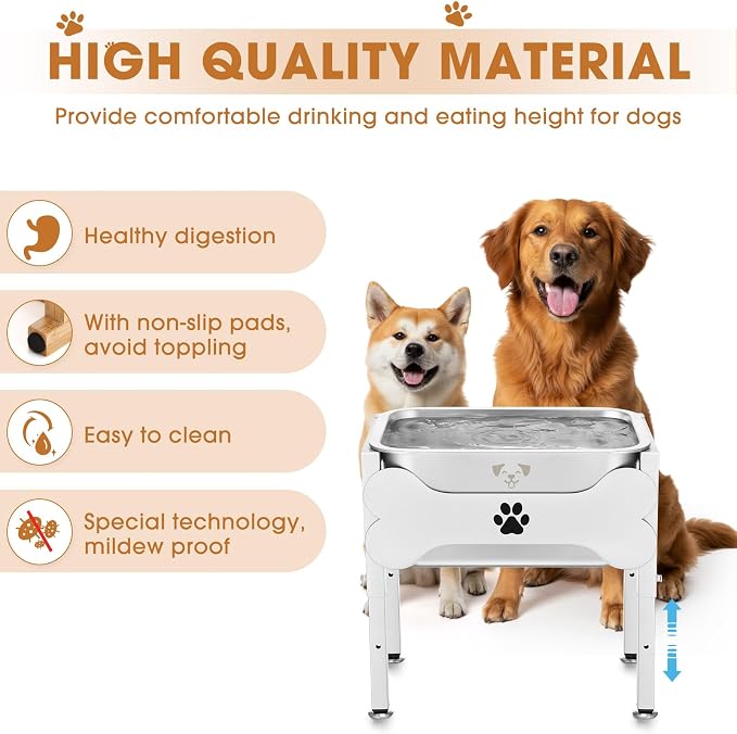 Mimorou 2.64 Gal Elevated Large Dog Water Bowl Raised Stainless Steel Bowl Stand Large Breed with Height Adjustable 7.8-12.5" Non-Slip Dog Feeding Station for Pressure Relief Indoor Outdoor(White)