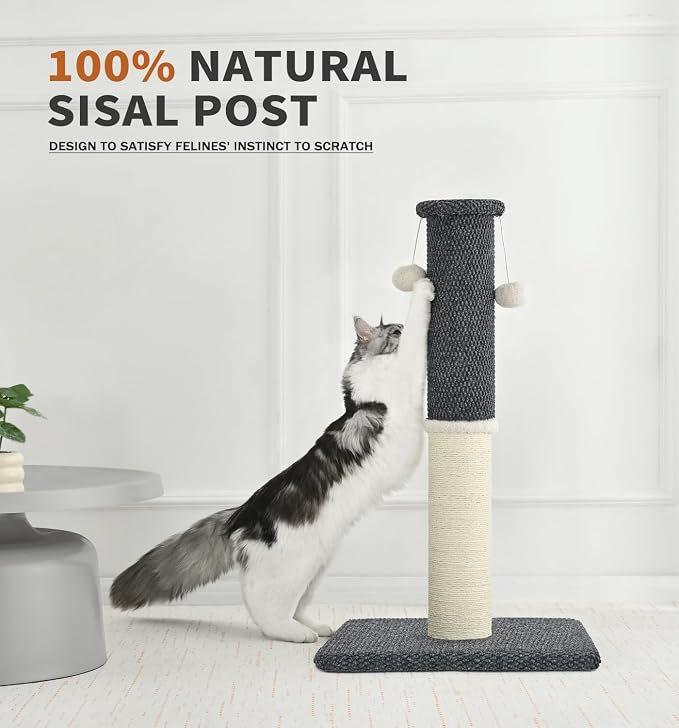 Made4Pets Tall Cat Scratching Post with Sisal & Carpet for Indoor Cats, 33" | Cat Scratcher with Wide Stable Base, Interactive Hanging Toys, Ideal for Adult Cats, Large Breeds and Full-Body Stretching