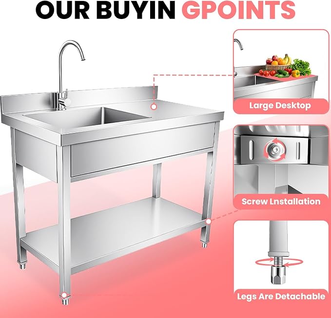 304 Utility Sink, Stainless Work Prep Table, Slop Tub for Garden, Chef