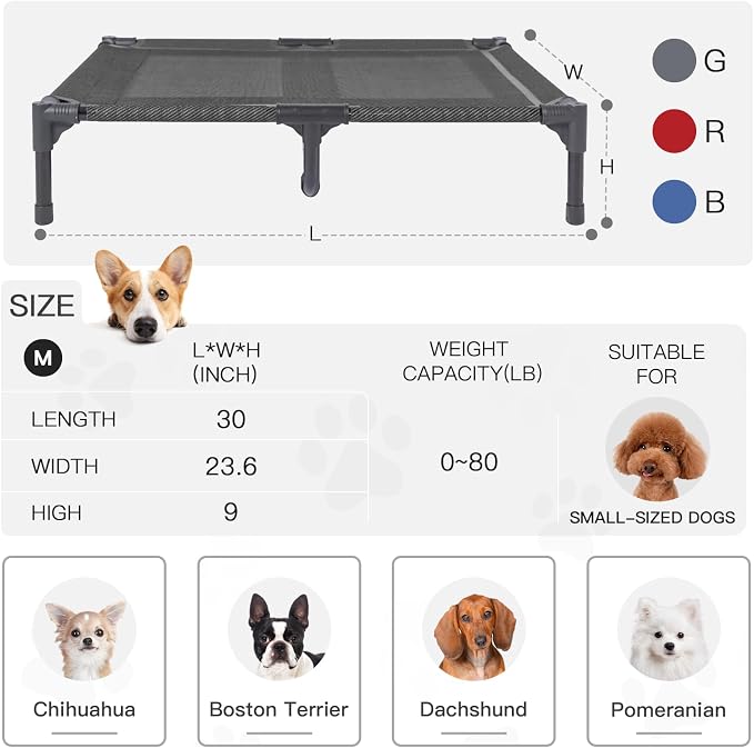 Elevated Dog Bed for Medium Dogs, Dual Support Cooling Cot with Teslin Mesh, Portable Waterproof Pet Bed for Indoor/Outdoor Use, Medium, 30x23x6.3 Inch, Grey