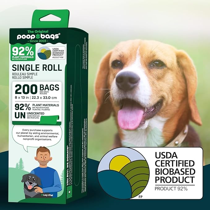 The Original Poop Bags® 92% Plant-Based Dog Waste Bags, USDA Certified Biobased, Extra-Large & Leak-Proof, Single Bulk Roll (600 Count (Pack of 3))