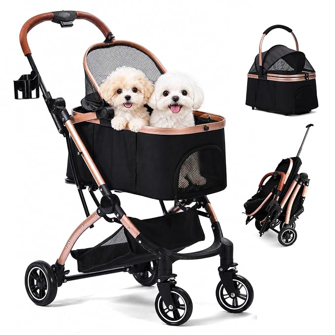 Dog Strollers for Small Medium Dogs and Cats 45 lbs, 3-in-1 Pet Stroller with Removable Carrier, 4 Wheels One-Hand Fold Travel Carriage with Storage, Cup Holder and Car Seat, Black