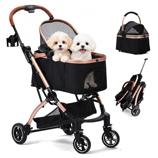 Dog Strollers for Small Medium Dogs and Cats 45 lbs, 3-in-1 Pet Stroller with Removable Carrier, 4 Wheels One-Hand Fold Travel Carriage with Storage, Cup Holder and Car Seat, Black