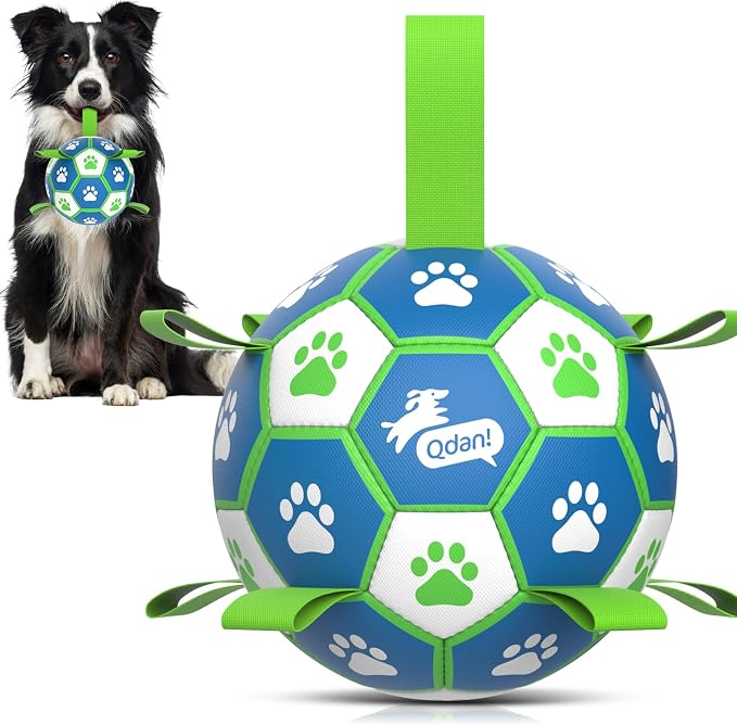 QDAN Dog Toy Balls, Dog Soccer Ball with Straps, Outdoor Dog Toys, Pet Training Soccer for Medium Large (6 Inch)
