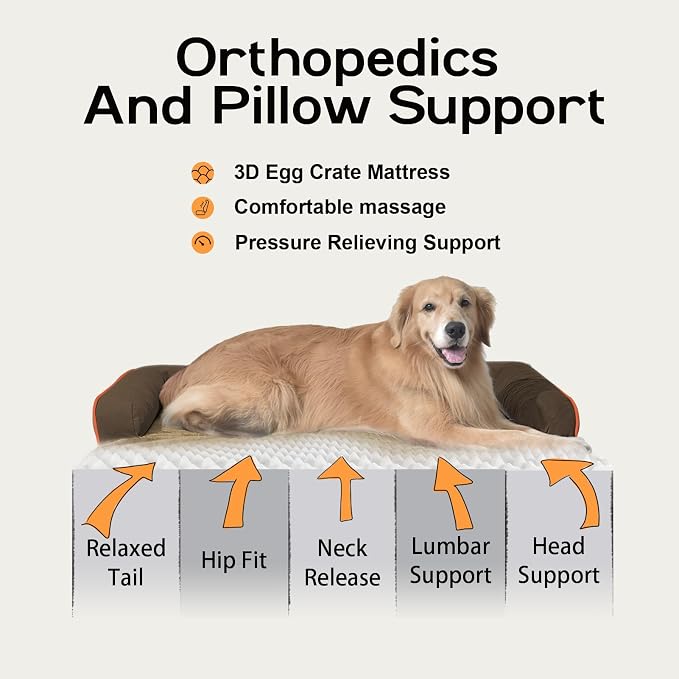 Orthopedic Waterproof Dog Bed with Bolster for Extra Large Size Dogs | Pillow Support for Neck Relief, Egg Crate Foam, Waterproof Liner, Anti-Slip Bottom, Removable Bolster Cover, 48 x 33 Inch