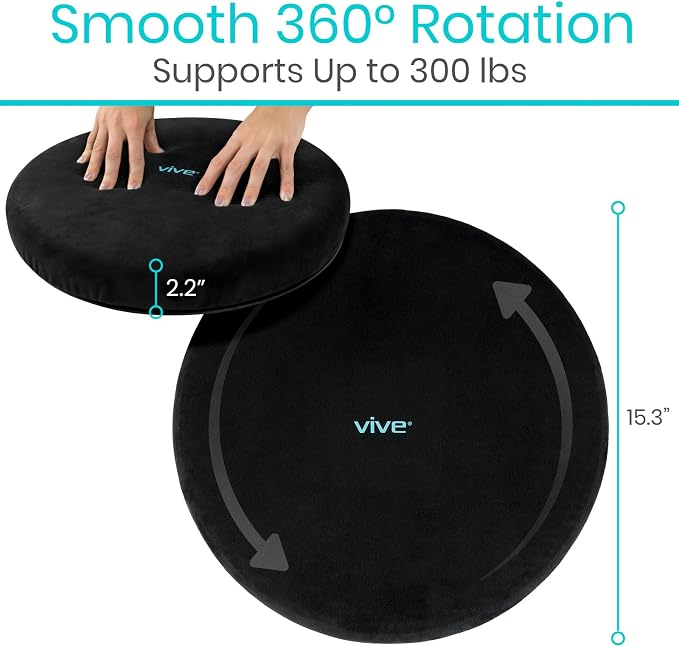Vive Swivel Car Seat Cushion for Handicapped & Elderly Assistance - 360 Large Round Rotating Chair Pad with Memory Foam (Black)