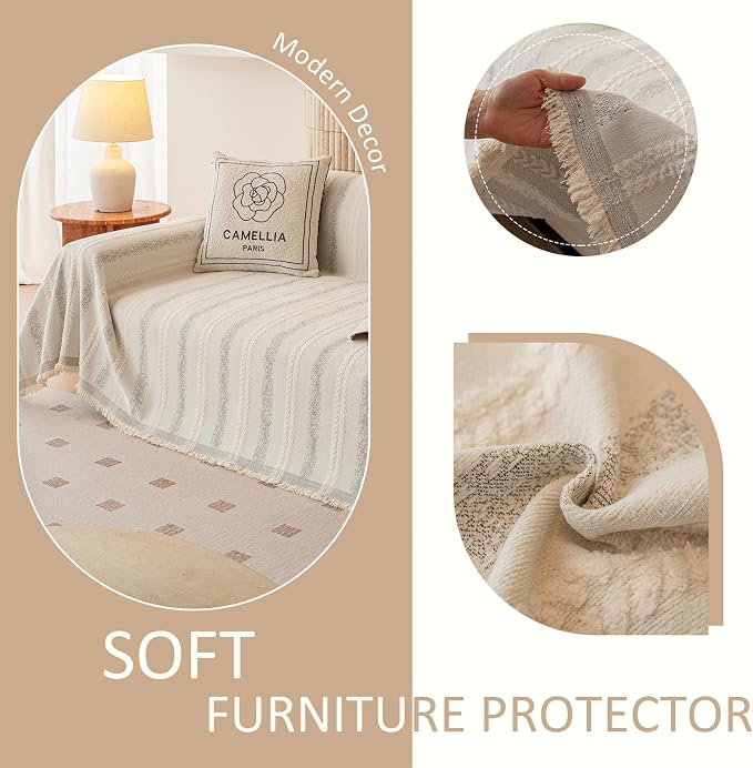 VClife Chenille Sofa Cover Bohemian Striped Pattern Couch Cover for 2 Cushion Sofa - Cream and Gray Textured Sofa Slipcover Washable Furniture Protector for Couch Decorative Couch Cushion Cover