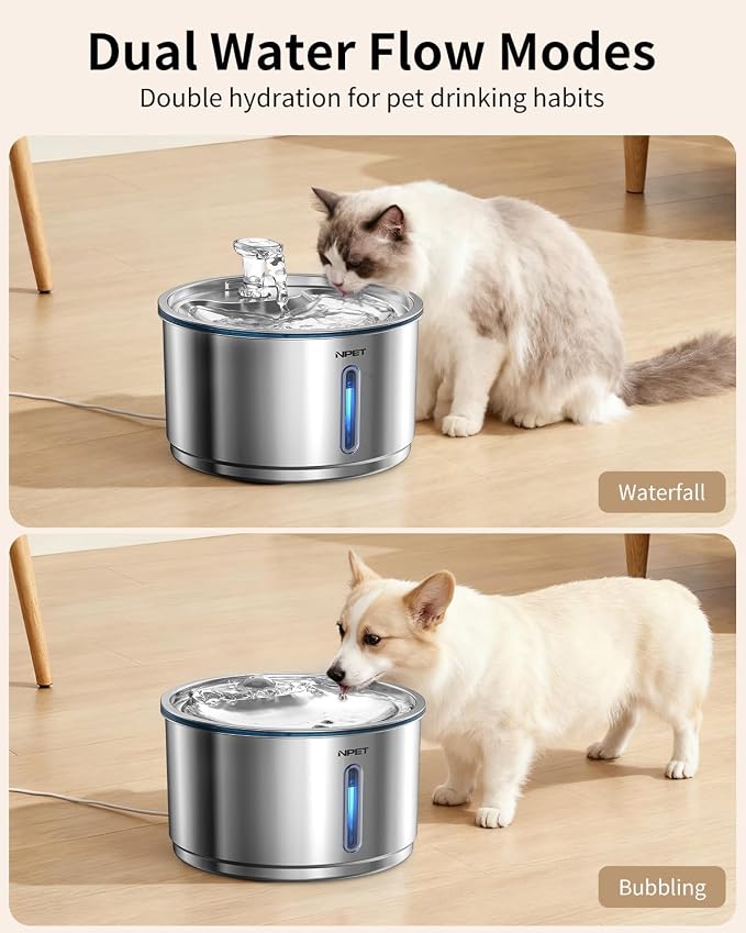 NPET Stainless Steel Cat Water Fountain, 1Gallon/135oz Automatic Pet Drinking Fountain Dog Water Dispenser with 3 Replacement Filters for Cats Indoor