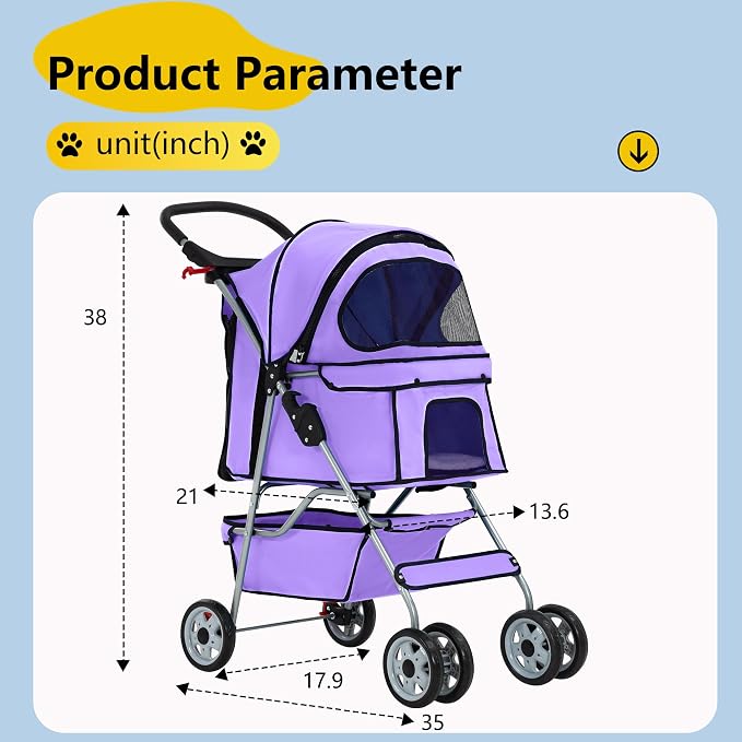 FDW Pet Stroller 4-Wheel Dog Cat Stroller Travel Folding Carrier Puppy Stroller with Cup Holder and Removable Liner for Small Medium Dogs Cats, Purple
