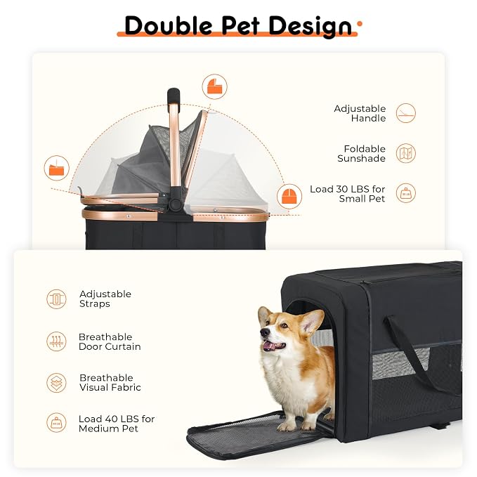 Double Pet Stroller for Small Medium Dogs - 4 In1 Dog Stroller for 2 Pets, Detachable and Foldable with 360°Rotating Wheels, Easy Assembly and Compact Size (Black)