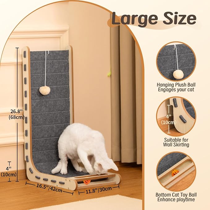 Cat Scratcher with Bell Ball Cat Scratch Pad L-Shaped Scratch Mat Vertical Cat Scratching Board for Indoor Cats Felt Cats Scratching Post Furniture Protector Kittens Cratchers Toys- Grey