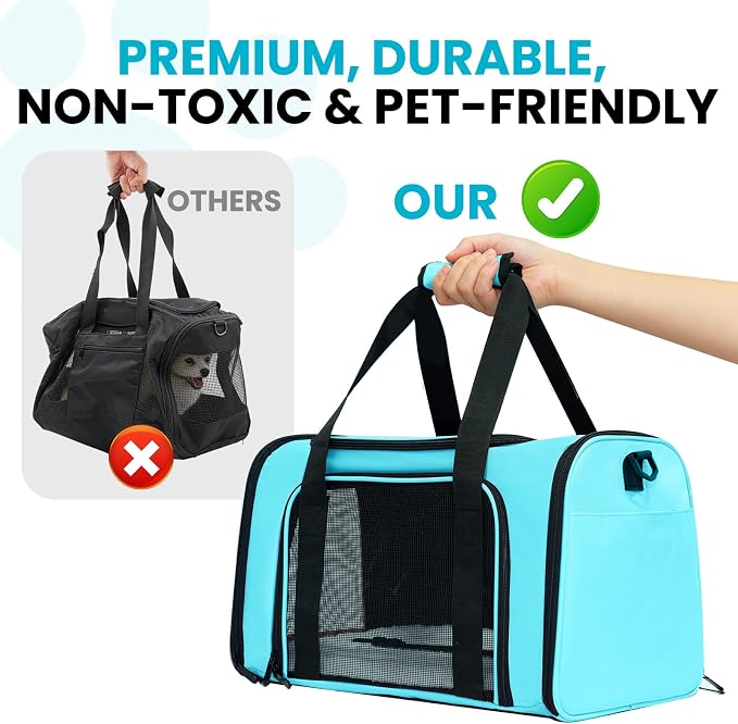 Soft-Sided Cat Carrier Expandable Pet Carrier Airline Approved Mesh Travel Carrier Up to 15lbs for Cats Small Dogs Collapsible Escape-Proof with Shoulder Strap Washable (18x11x11 Blue)