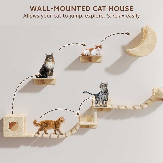 13-in-1 Cat Wall Shelves, Moon & Bridge Cat Wall Furniture, Beige | Wall Mounted Cats Shelf Set with Plush Fabric, Cat Climbing Systems for 16 Inch Drywall, Condo, Scratching Post, Space-Saving