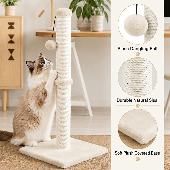 Dimaka 34" Height Tall Cat Scratching Post, Claw Scratcher with Sisal Rope and Covered with Soft Smooth Plush, Vertical Scratch [Full Strectch] Cats (Beige, 34 inches for Large Cats)