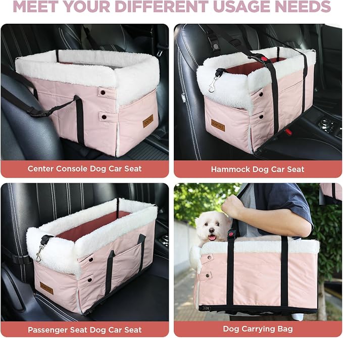 Center Console Dog Car Seat for Small Dogs,PU Leather Small Dog Car Booster Seat,Washable Foldable with Safe Protection Hooks Adjustable Straps and Storage Pocket Pet Up to 15lbs-Pink