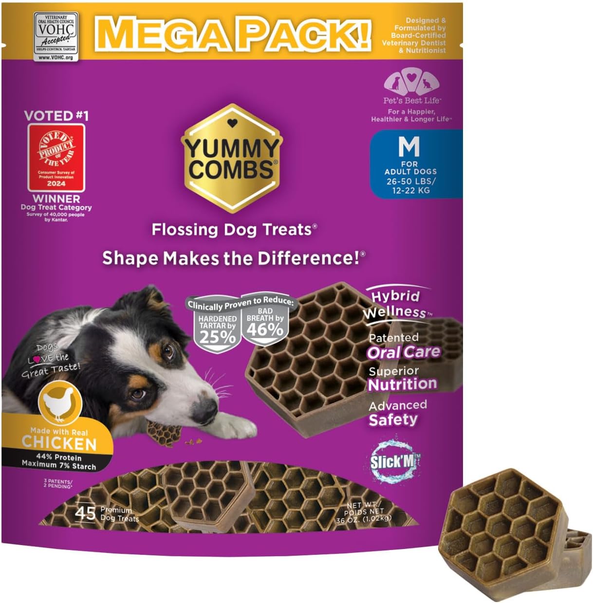 Dog Dental Treats – Vet VOHC Approved – Delicious Chicken Protein – Removes Tartar with Cleaning Comb Shape – Dental Dog Treats for Medium Dogs (36oz, 45 Count)