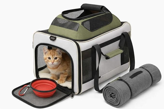 Cat Carrier Dog Carrier Airline Approved, Pet Carrier for 2 Cats Small Medium Dogs, Soft Cat Carrier 18x15x15 with Foldable Bowl & Washable Pad, TSA Approved Dog Carriers by Luniko Shop (Cream)