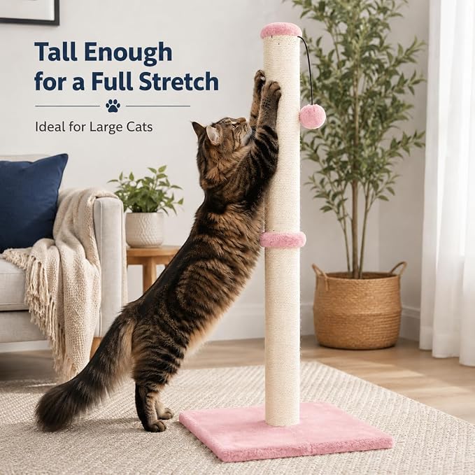 Dimaka Tall Cat Scratching Post, Claw Scratcher with Sisal Rope and Covered with Soft Smooth Plush, Vertical Scratch [Full Strectch] for Standard Size Cats (Pink, 34 inches for Large Cats)