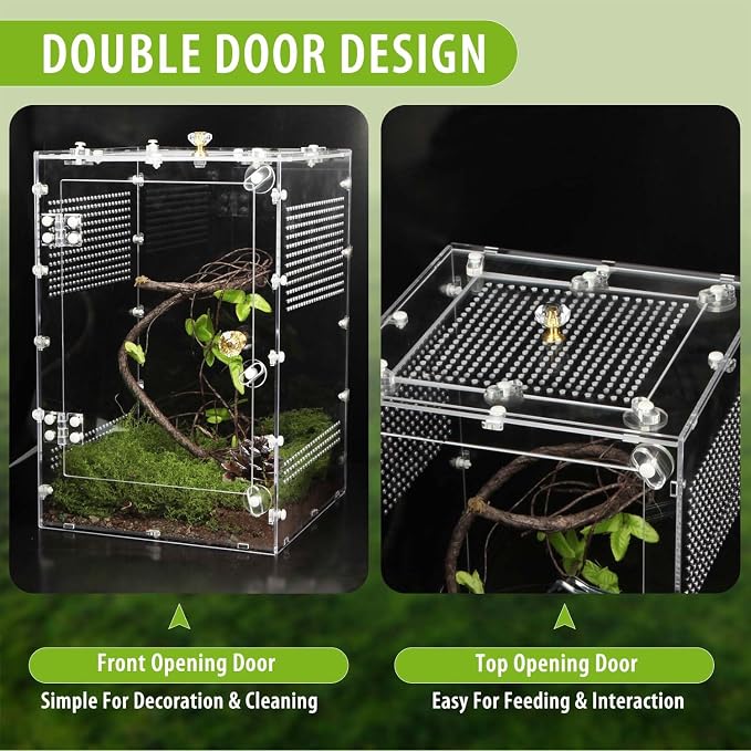 Reptile Enclosure 10 Gallon for Crested Gecko, Lizard, Bearded Dragon, Snakes，Frogs, Large Spiders, Acrylic Reptile Tank Feeding Terrarium with Front & Top Opening Doors and Vent Holes - 12"*12"*18"