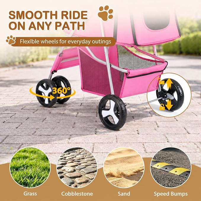 Pet Stroller 4 Wheels Dog Cat Stroller for Small Medium Dog Cats Carrier Jogger Travel Foldable Puppy with Storage Basket and Cup Holder (Pink)