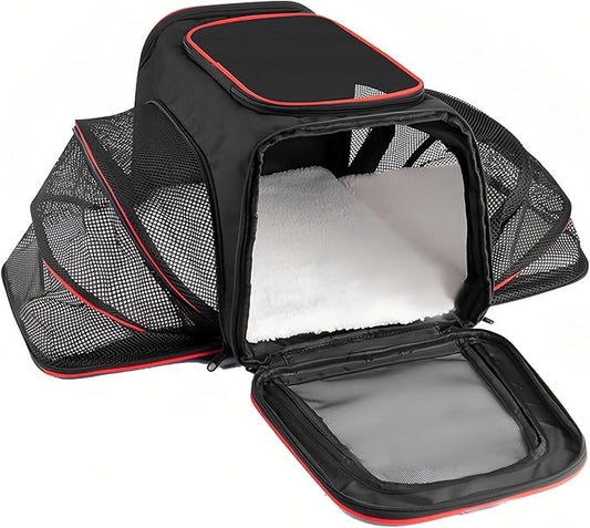 Expandable Cat Carrier Pet Carrier with 2 Extensions,Airline Approved Soft-Sided Portable Dog Travel Washable Carrier for Kittens,Puppies,Removable Soft Plush Mat (Black Red, Medium)
