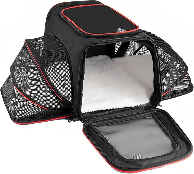 Expandable Cat Carrier Pet Carrier with 2 Extensions,Airline Approved Soft-Sided Portable Dog Travel Washable Carrier for Kittens,Puppies,Removable Soft Plush Mat (Black Red, Small)