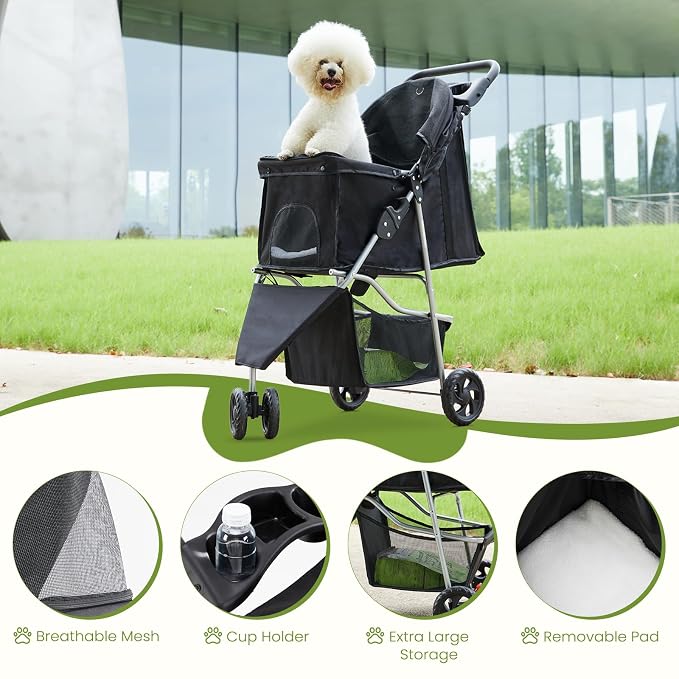 DUMOS 3 Wheels Pet Stroller for Dogs and Cats, Foldable Dog Stroller with Mesh Windows, Storage Basket & Cup Holder, Lightweight & Durable Pet Carrier for Travel, Outdoor Use – Black