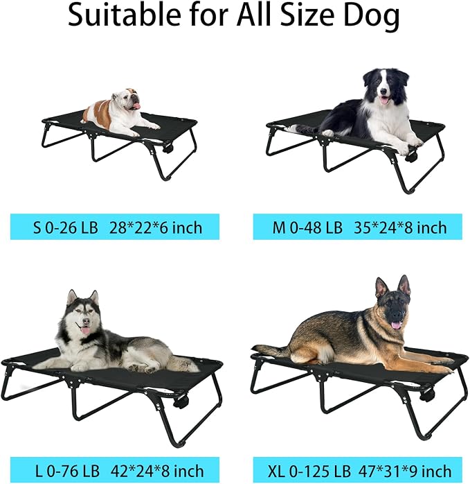 Outdoor Elevated Dog Bed Cooling Raised Dog Cots | Black Pet Beds With Breathable Mesh Folding Large Pet Hammock Bed Multiple Sizes for Small Meduim Large Dogs
