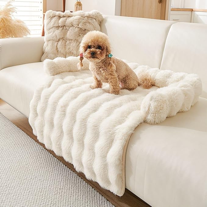 Calming Dog Bed for Couch, 29.5 x 29.5 inch, Non-Slip Rabbit-Velvet Dog Sofa Mat for Furniture Protector, Perfect for Small, Medium Dogs and Cats (Off-White, Medium)