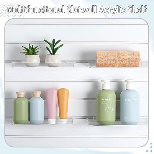 Yalikop 4 Pcs Slatwall Shelves Clear Acrylic Slatwall Shelves Organizer Wall Mounted Hanging Accessories Plastic Panel Display Shelf for Retail Store Boutique Garage Home(Fenced Style,10 x 4 Inch)