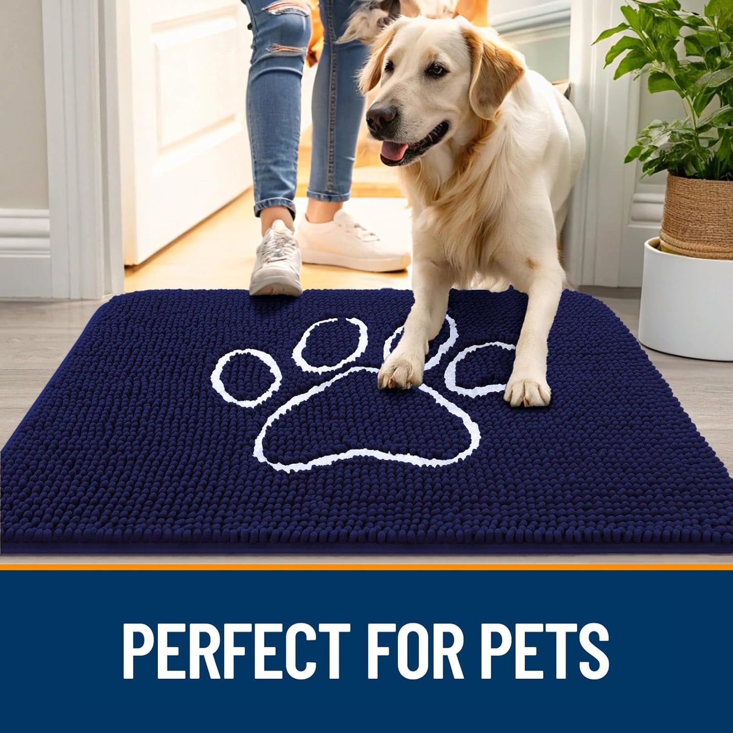 OLANLY Door Mat for Muddy Dog Paws 59x24, Ultra Absorbent Chenille Mud Doormat with Paw Print Design, Non-Slip Washable Doormat for Indoor Entryway, Quick-Dry Pet Bed Mats for Dirty Dogs, Navy Blue