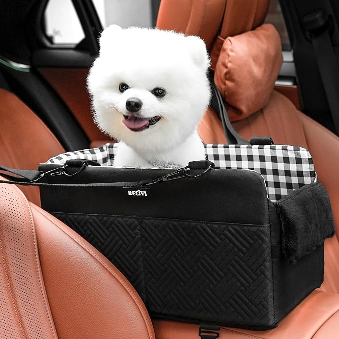 Console Dog Car Seat for Small Dogs Cats Up to 11lbs, Anti-Collapse Pet Armrest Booster Seat with Soft Pillow,Non-Slip Seat Rails Hooks & Safety Belt, Portable Car Accessories for Pets Travel